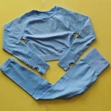 Женский бесшовный комплект для йоги, одежда для спортзала, леггинсы для фитнеса+ укороченные рубашки, спортивный костюм для женщин, спортивный костюм с длинным рукавом, одежда для активного отдыха