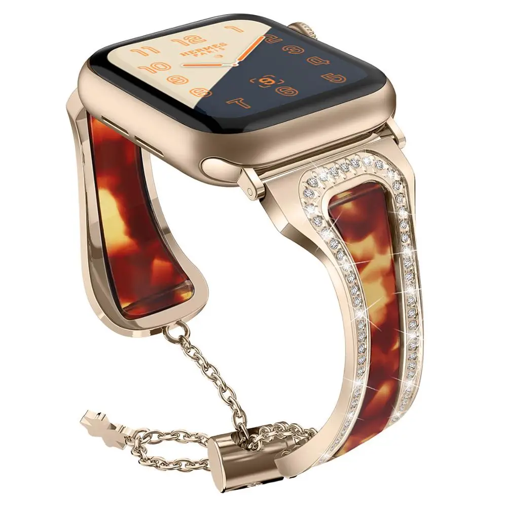 Браслет из нержавеющей стали для Apple Watch 5, ремешок 40 мм, 44 мм, ремешок iWatch 38 мм, 42 мм, браслет из смолы с бриллиантами, ремешок для Apple watch 4, 3, 21 - Цвет ремешка: gold 1