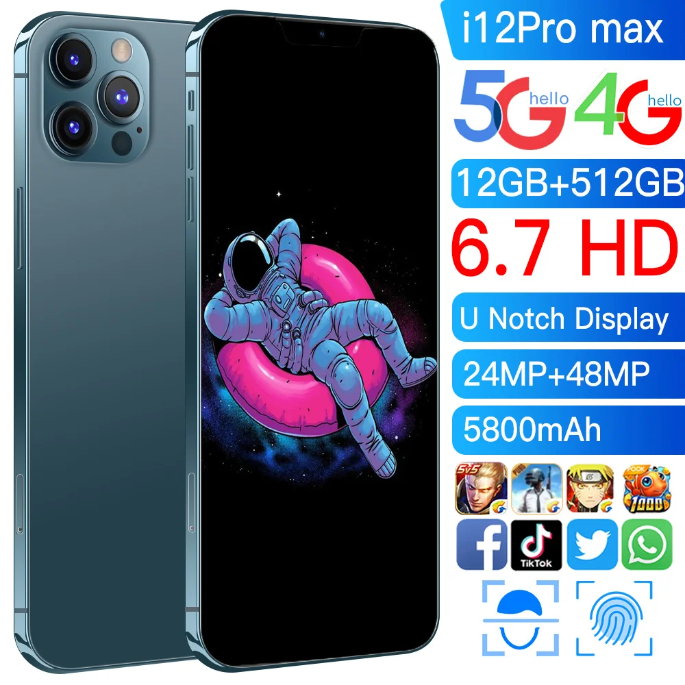 Smartphones I12 Pro max  6.7“ Dual SIM 48MP 512GB 5800Mah Global Version Mobile phones Android 10.0 Deca Core Phone In Stock