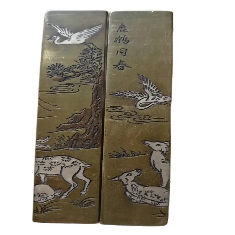 

Chinese Old Beijing Brass Carving Deer And Crane Ruler Paperweight