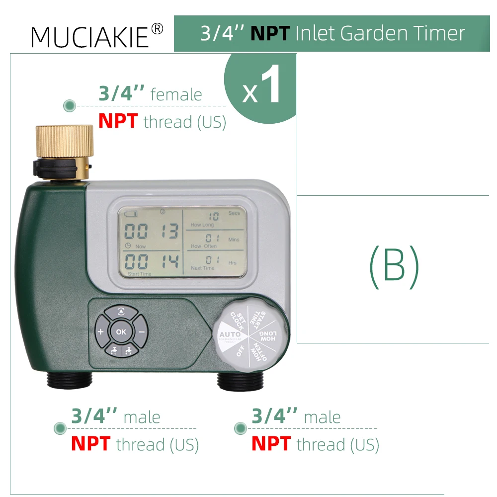 MUCIAKIE Garden Programmable 2-Outlet Timer Brass 3/4'' Female Inlet Hose Faucet Water Irrigation Controller System Sprinkler 