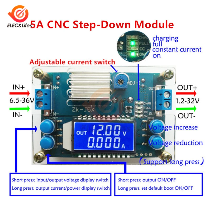 5A CNC цифровой понижающий модуль питания dc-dc регулируемый постоянный напряжение постоянного тока мульти-дисплей Кнопка установить напряжение