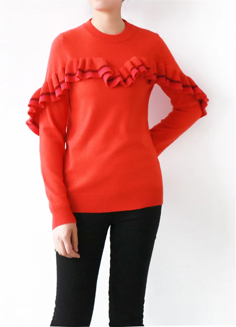 Tunjuefs Color Block Striped Sweater Women Jumper Elegant Ruffles Pullovers Long Sleeve Knitted Top Pull Femme Autumn Winter |