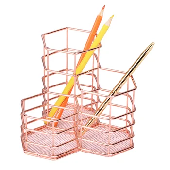 

Easy Clean Home Pencil Holder Storage Basket Mesh Design Office Organizer 3 Compartment Anti Rust Iron Wire Bedroom Makeup Brush