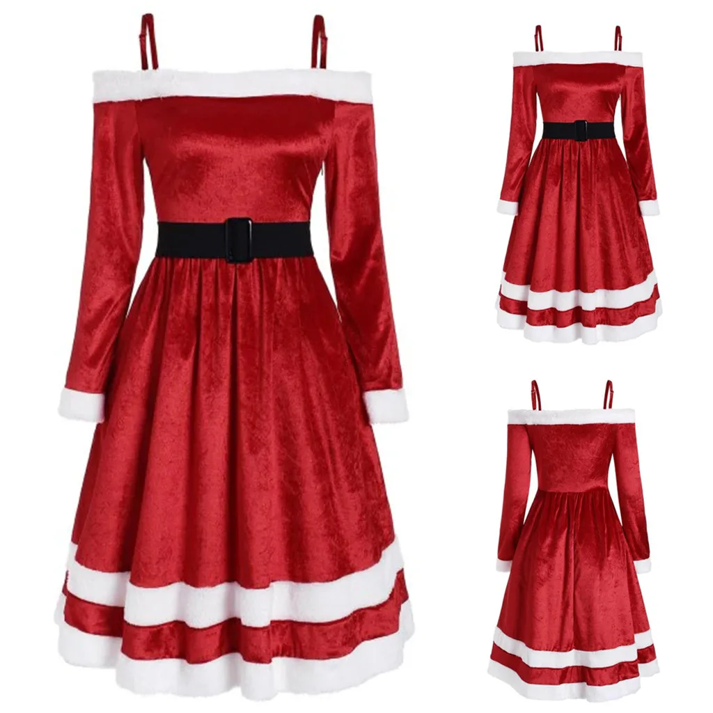 Vestidos sukienki, сексуальное женское платье, с открытыми плечами, с меховой отделкой, с поясом, украшенное бархатным рождественским платьем, ropa mujer robe