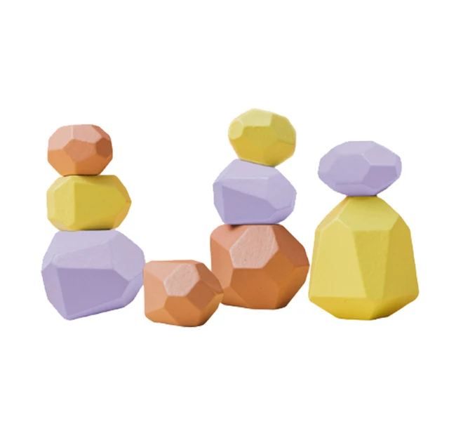 Wood Rainbow Stones Block Colorful Wooden Building Block Rainbow Stacker Balancing Stone Montessori Educational Toy Children 9pcs yellow