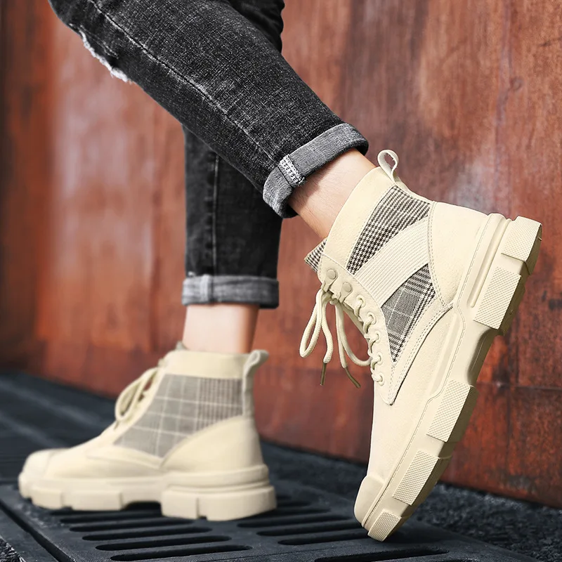 

2019 Autumn And Winter New Style Hight-top Martin Boots British Style Plaid Canvas Shoes Korean-style Retro Trend Cool Men Shoes