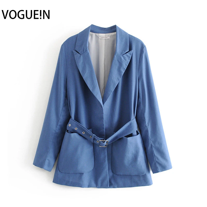 

VOGUEIN New Womens Fashion Casual Blue Pockets Long Sleeve Belt Cardigan Blazer Suit Wholesale
