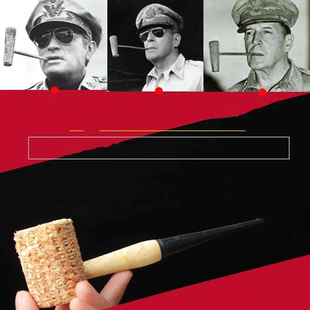 

RU Macarthur style Medium Size Corn Cob Tobacco Pipe with black acrylic Mouthpiece Wooden Stem Smoking Pipe
