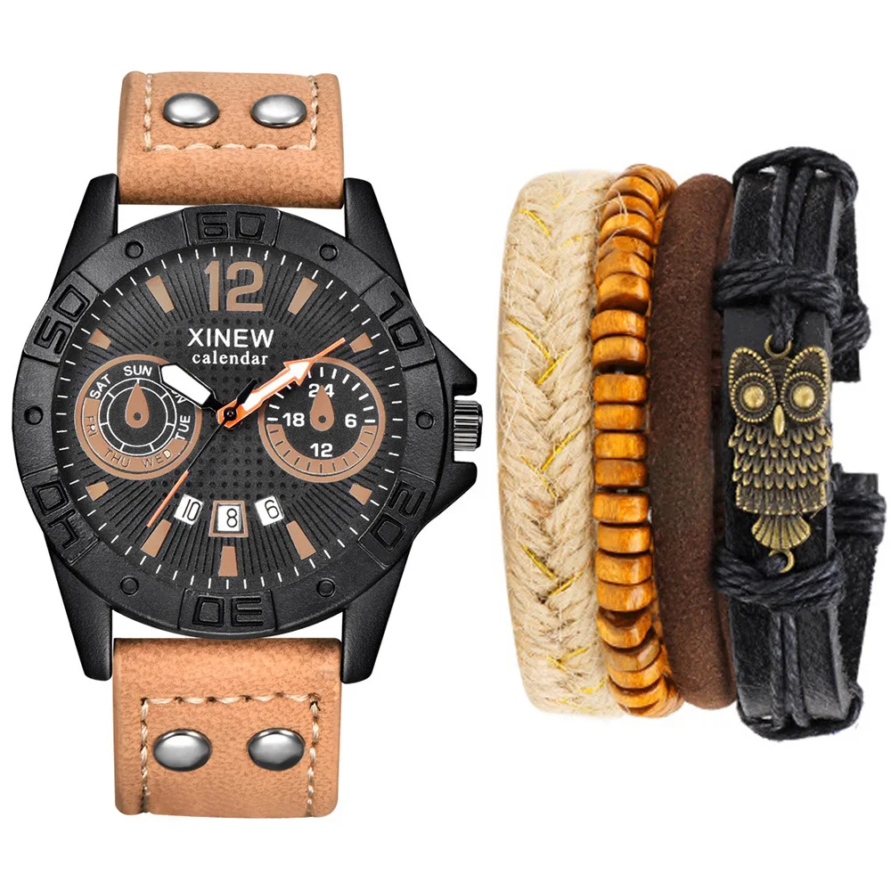 

Men Stylish Fake Eyes with Calendar Leather Belt Quartz Watch + Bracelet Set (5 Pieces) Punk Style Men's