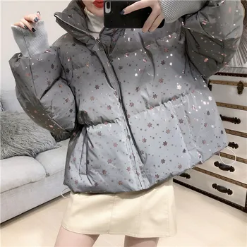 

2019 Winter Thick Women's Short Parka Korean Loose Fashion Sparkling Snowflake High Collar Cotton Coat Oversize Puffy Clothes
