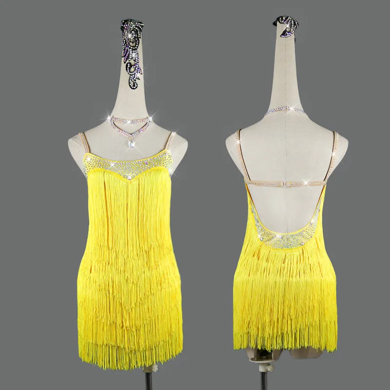 Новое Женское Платье для латинских танцев желтая юбка с бахромой высокого класса на заказ для взрослых и девочек, костюм для соревнований профессиональная одежда