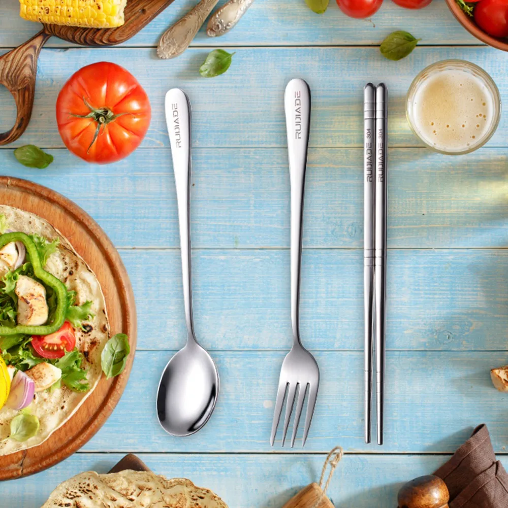 Набор столовых приборов палочки для еды вилка ложка нож дорожная посуда набор 4 шт./компл. из нержавеющей стали, многоразовый набор посуды с чехлом