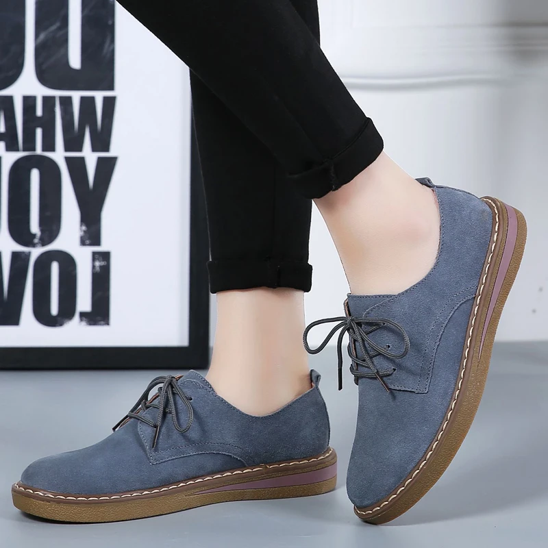 Cow Suede Leather Women Flats Oxford Shoes Spring Ladies Sneakers