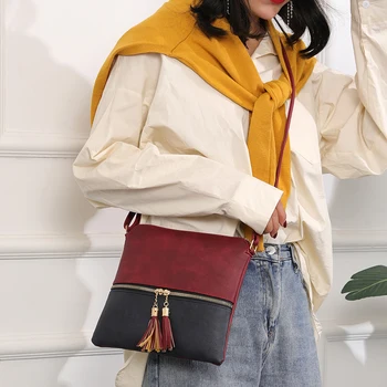 

Women Leather Handbag Lady Shoulder Bag Crossbody Bag Tassel Zipper Patchwork Tote Messenger Satchel Purse