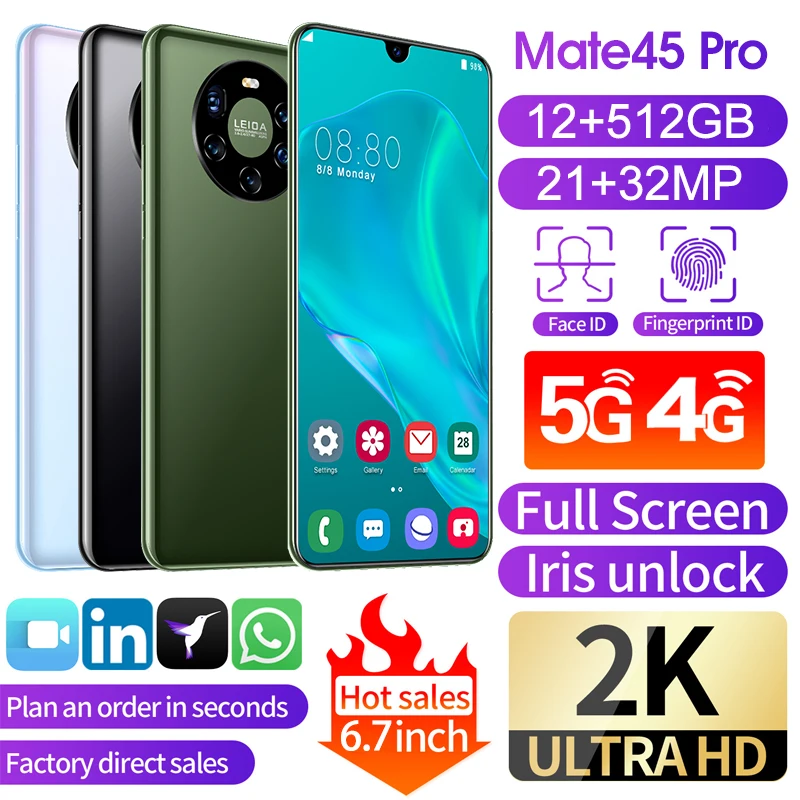 Mate45 Pro New 7.2inch SmartPhone 5G Global Version Dual SIM Deca Core 12GB 512GB 4800mAh Android 10.0 Mobile Phone  In Stock