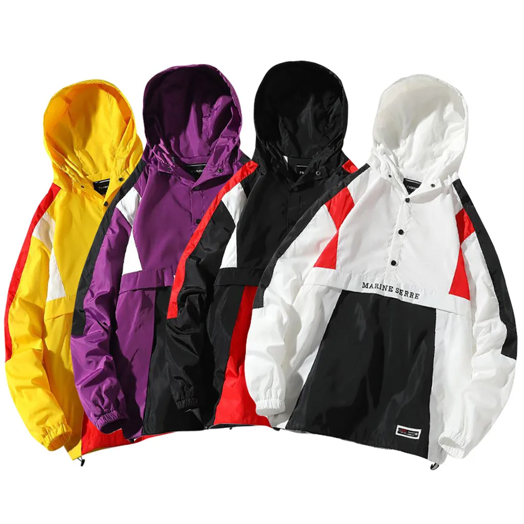 

Hooded Jackets Men New Patchwork Color Block Pullover Jacket Fashion Tracksuit Coat Men Hip Hop Streetwear Jacket Men