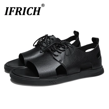 

2020 Original Men Leather Sandals Brand Beach Shoes For Man Designer Gladiator Sandals Mens Handmade Lacing Flats Men Sandals