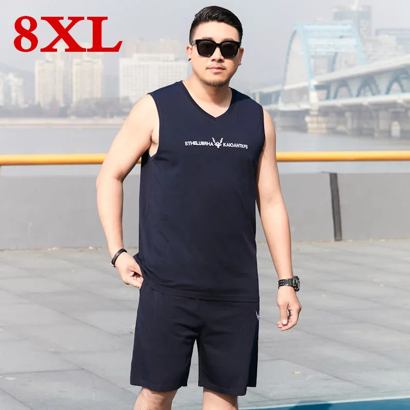 

6XL plus size 8XL 7XL new Arrivals Men T Shirt Top + Shorts Summer Two Pieces sleeveless Casual cotton Tee Shirts Set