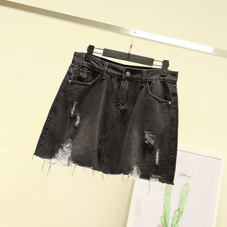 

Japanese-style Mori Girl Line Versatile Retro High-waisted Slimming Frayed Tassels Hem with Holes Soft Girl Denim Skirt Women's