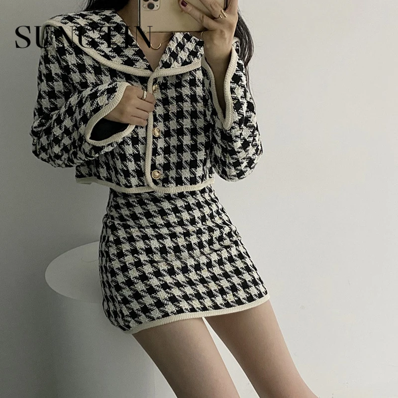 Sungtin Vintage Houndstooth Two Piece Set Women Tweed Mini Bodycon Skirt Suits Lady Elegant Cropped Jacket Plaid Korean Chic |