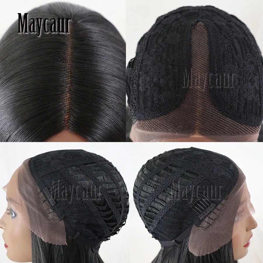 Maycaur Black Bob Synthetic Lace Front Wig Short Straight Wigs with Natural Hairline (3)