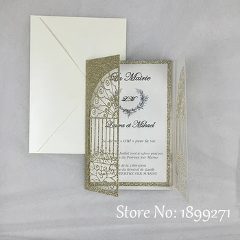 

100PCS Chanpagan Glitter wedding invitation card with Ivory pearl envelopes the door design postcard for faire part de mariage