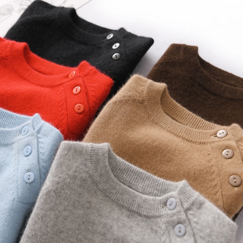 

2020 Winter New Children's Pure Cashmere Sweater Oblique Shoulder Button Round Neck Buttoned Boys Sweater Baby Baby Sweater