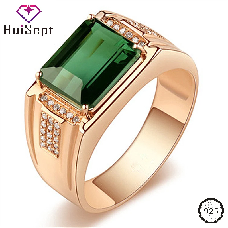 

HuiSept Men Rings 925 Silver Jewelry Rectangle Shape Emerald Zircon Gemstone Open Finger Ring for Wedding Engagement Accessories