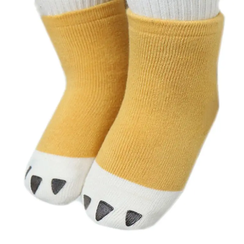 Зимние плотные Махровые Носки с рисунком для новорожденных; нескользящие чулочно-носочные изделия с принтом «кошачья лапа»; цвет серый, розовый, желтый