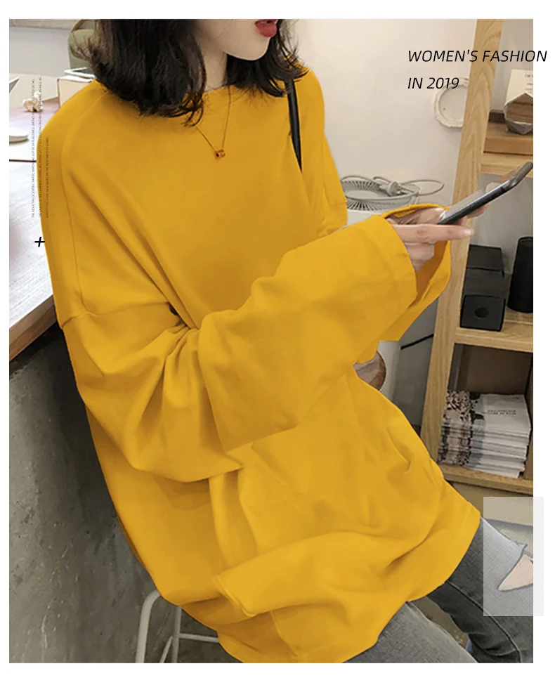 2021 spring Solid Simple oversized tshirt harajuku long T Shirt Women kawaii T-shirts Women 90s White yellow long Sleeve Tops