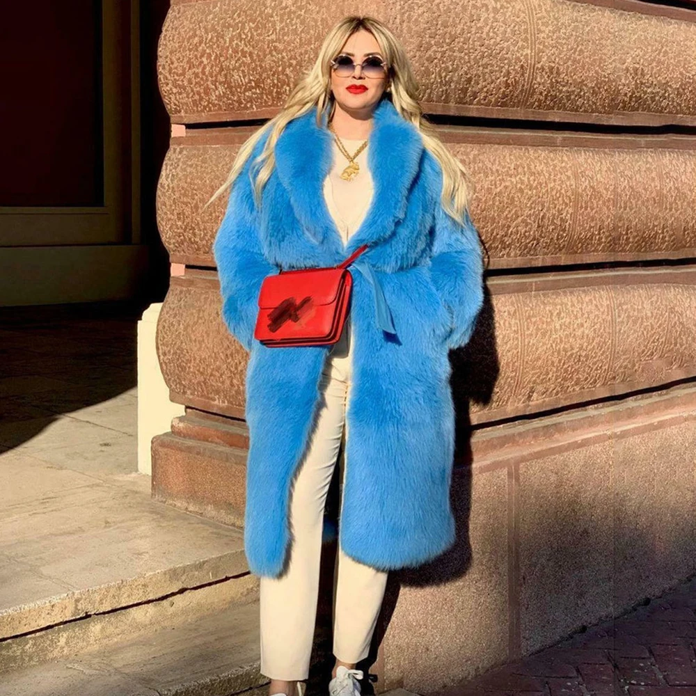 Fashion Blue Color Genuine Fox Fur Coat With Turn-down Collar Winter New Women's Real Fox Fur Coats Natural Fur Overcoats 2022