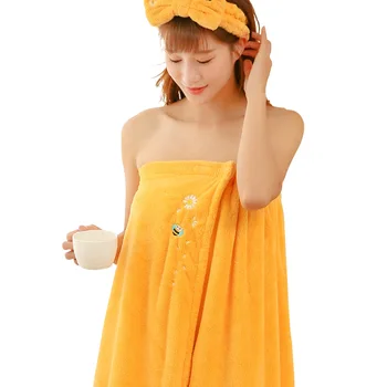 

70x140cm Microfiber Towel can be Worn and Wrapped Women's Towel Dress Thickened Absorbent Daisy Embroidery Bath Towel Bathrobe