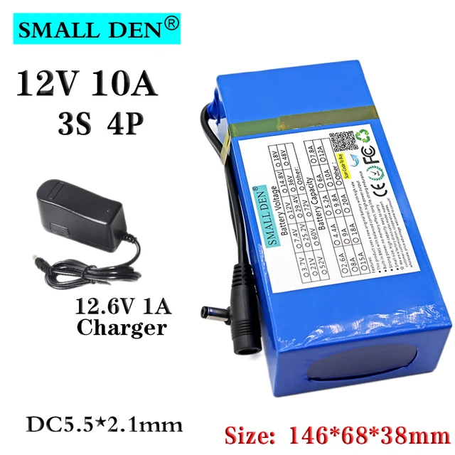 12V 10A 18650 lithium battery+12.6V1A charger Built-in BMS DC plug Carrying  belt