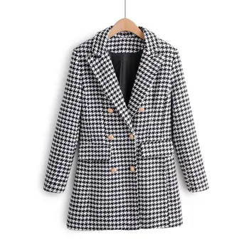 

2019 women vintage houndstooth plaid print double breasted casual coat female woolen outwear jacket chic leisure mujer CT333