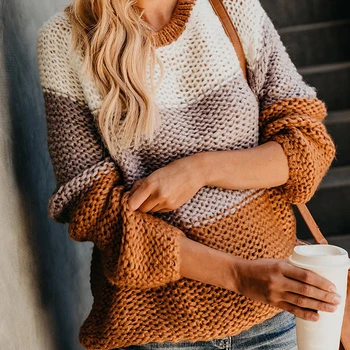 

2019 Autumn Winter Thick Knitted Sweater Women Pullovers Contrast Color Strap Knitting Sweater Women Sweaters And Pullovers Tops