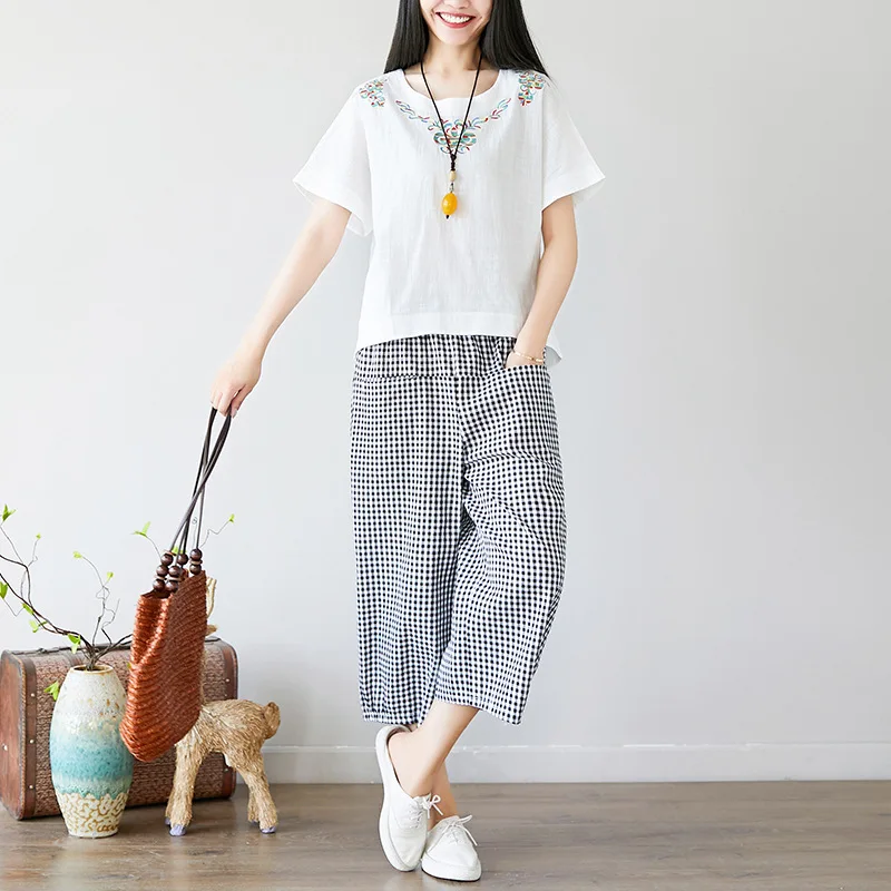 

2019 Summer New Style Large Size Dress Literature And Art Loose-Fit Coloured Embroidery Cotton Linen Tops Lattice Loose Pants WO