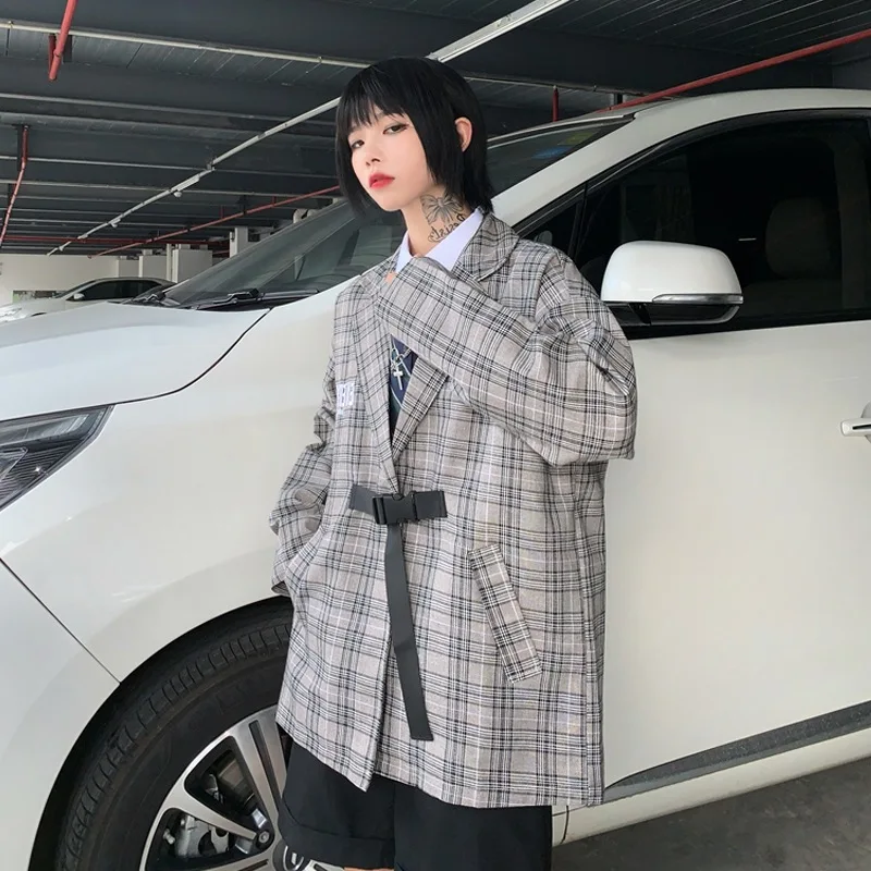 

Fox Mrs. Autumn INS Retro Plaid Suit Tops Loose-Fit Casual Long Sleeve Suit Coat Unisex Fashion