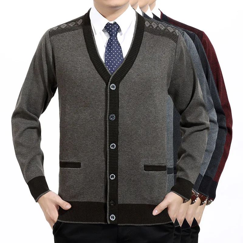 

2018 Men No Ironing Knitted Cardigan Middle-aged Dad Winter New Style Solid Color Casual V-neck Woollen Sweater