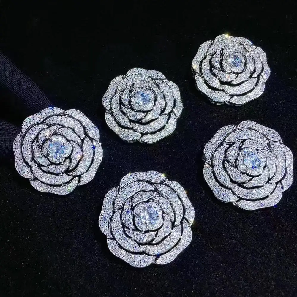 Брошь Камелия серебро 925 пробы с кубическим цирконом, брошь в виде цветка 34 мм, Классическая модная женская бижутерия для пальто
