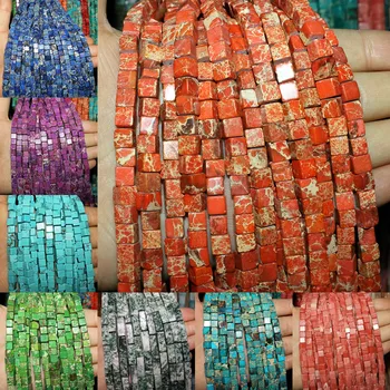 

6*6mm Natural Stone Colorful Crystal Pattern Cube Loose Spacer Beads for women's Jewelry Making DIY Necklace Bracelet Parts 15''