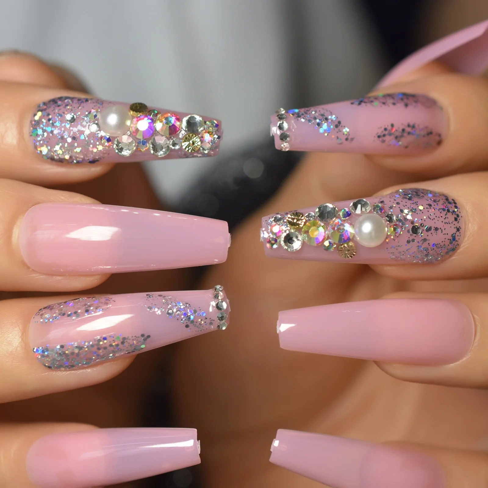 Super Long 3d Bling Diamond Holo Glitter French Ballerina Coffin False Fake Nails Jelly Pink Press On Party Finger Wear Uv Nails False Nails Aliexpress