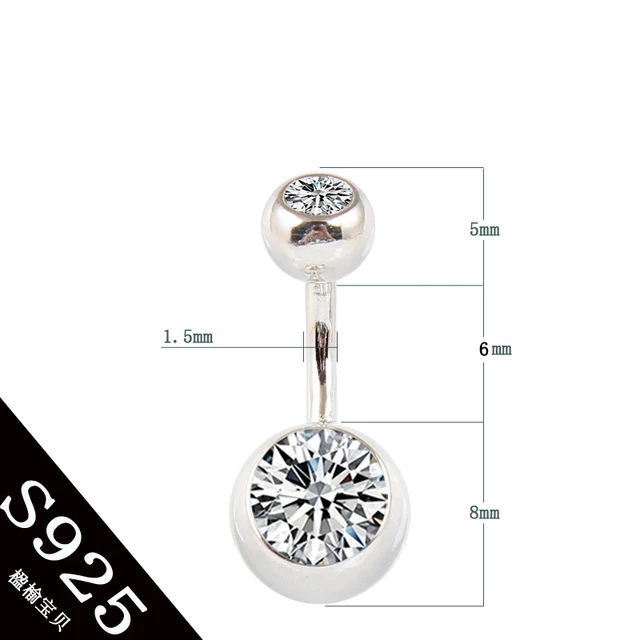 Real 925 sterling silver belly button ring clear double zircon stones body jewelry ball navel bar piercing jewelry free shipping PIN length 6mm
