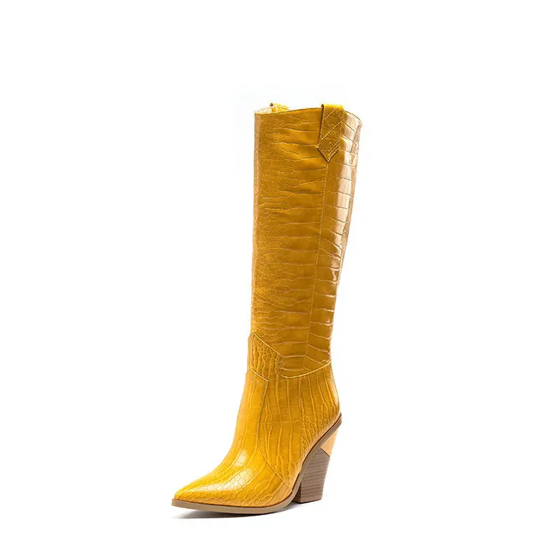 Зимние женские сапоги; сапоги до колена; ковбойские сапоги Вестерн; женские высокие сапоги с острым носком на высоком каблуке; цвет белый, черный; botines mujer; - Цвет: Yellow