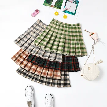 

2020 Women's New Autumn and Winter Woolen New Pleated Skirt Avocado Color High Waist Plaid Skirt tweed skirt harajuku skirt