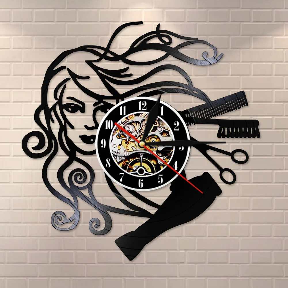 Beauty Salon Vinyl Record Wall Clock Hair Stylist Salon Barber Shop Handmade Wall Clock Hairdresser Gifts for Woman