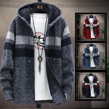 

Winter Men's Fleece Jackets Sweaters Men Hooded Cardigan Coats Autumn Striped Cardigan Knitted Sweater Male Youth Clothing M-4XL