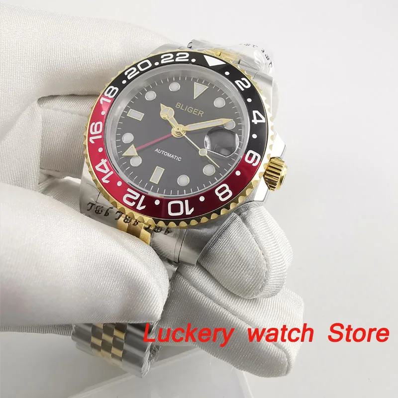 Bliger 40 мм GMT мужские роскошные часы с черным циферблатом светящиеся стеклянные