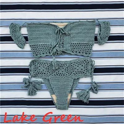 Lake Green 8 цветов модный пляжный комплект бикини вязаный купальник крючком Boho Стиль с открытыми плечами женский купальник сексуальный бикини Низ - Цвет: Lake Green