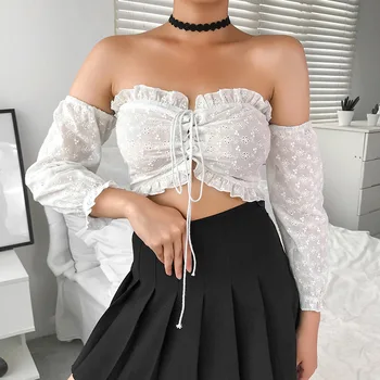 

Autumn Lady Sexy T-shirts Crop Top Off-shoulder Embroidery Women Tees Lace Up Tops Clothes for Female Hollow Out Christmas Gift